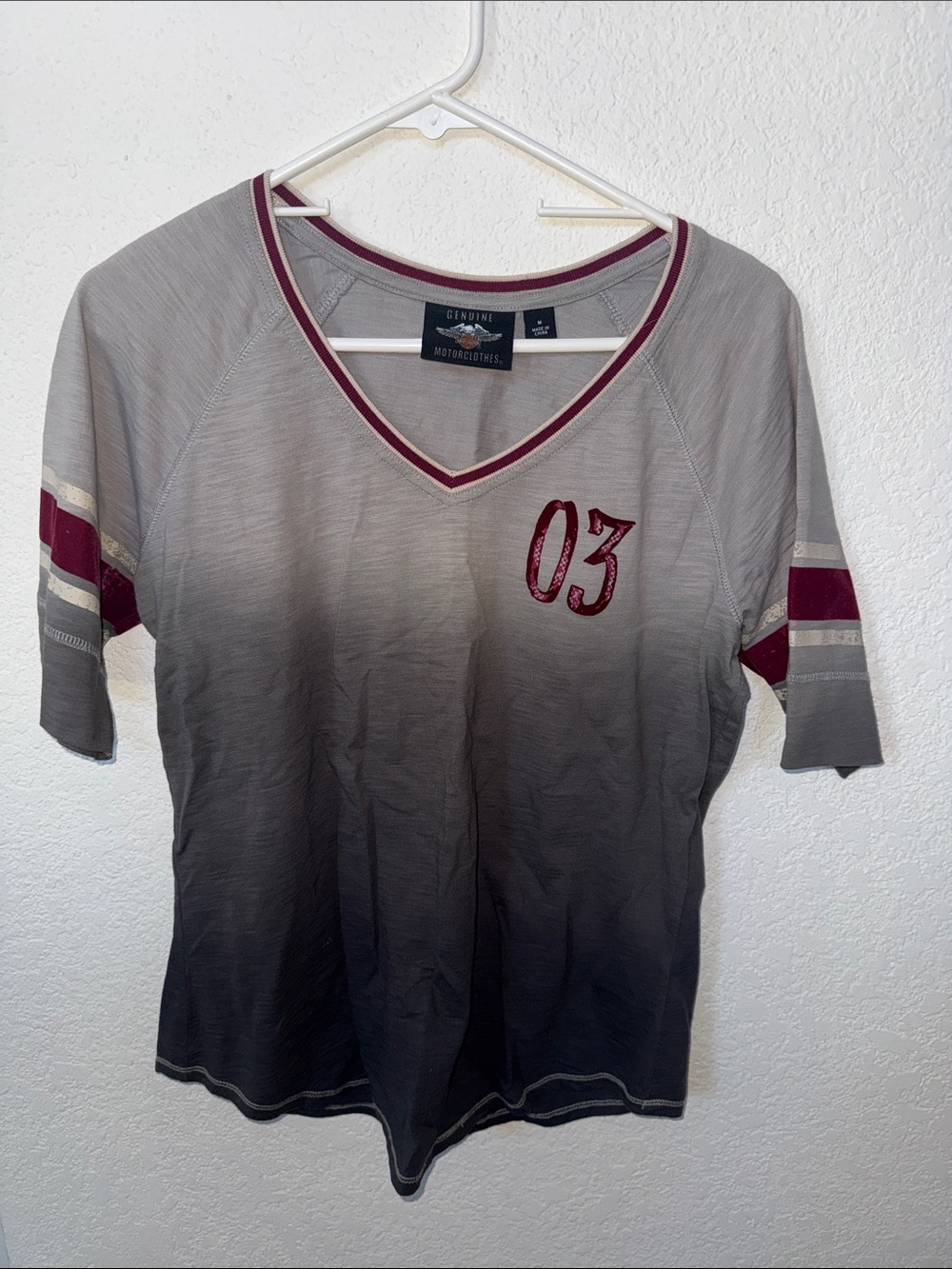Vintage-Style '03' V-Neck Tee with Burgundy Trim